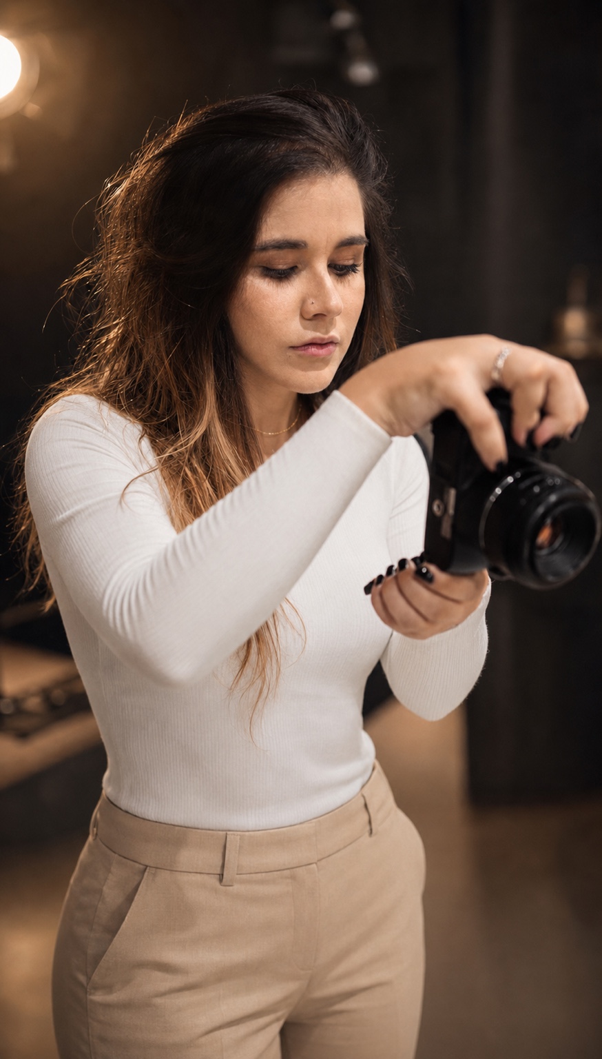 Fotógrafa ajustando a câmera em ambiente com luz quente de estúdio